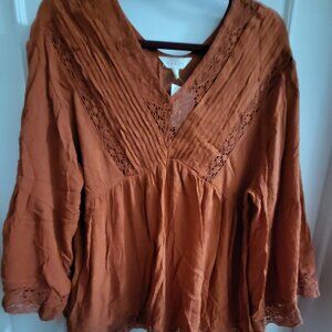 Adiva Boho Lace Trim Peasant Tunic Top – Rust Orange – Size XL – NWT